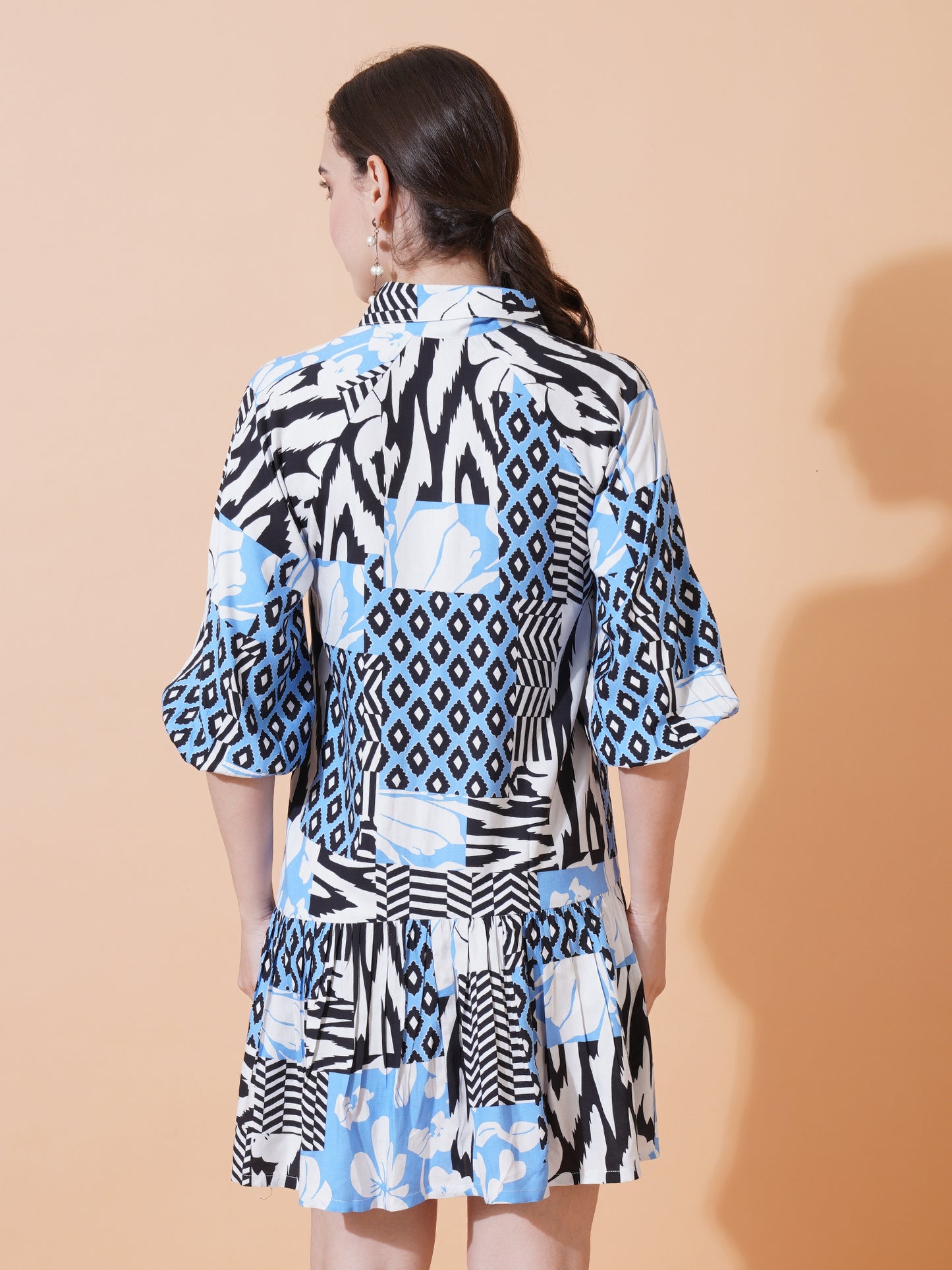 Womens Casual Shirt Dress With Front Button and Puff Sleeves